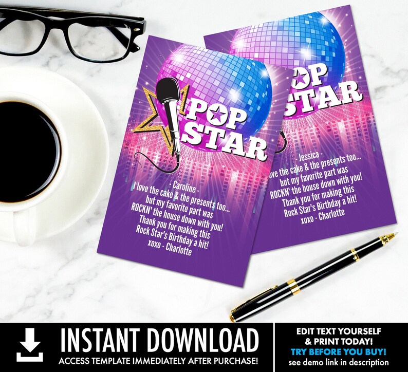 Op de afbeelding: Printbare digitale download voor een popster-thema verjaardagsfeestje. Het ontwerp bevat een microfoon, een discobal en de tekst "Pop Star" in roze en paars. De tekst "Caroline" en "Jessica" zijn opgenomen in het ontwerp.