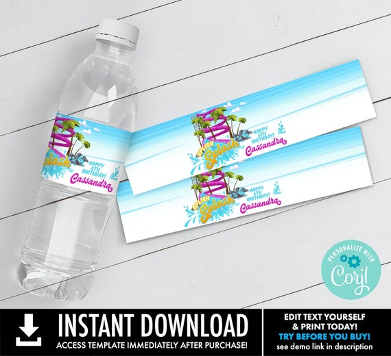 Waterslide or Waterpark Birthday Party,Water Bottle Label,Drink Wrap,Drink Wrapper | You Personalize using CORJL–INSTANT DOWNLOAD Printable