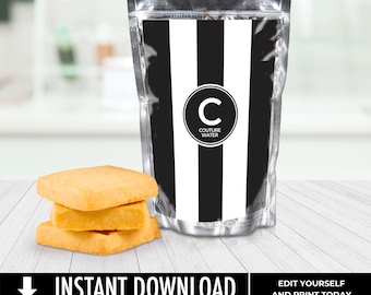 Couture Birthday Bridal Baby Shower Pouch Drink Label, Black & White Stripe Water Label, Wedding Favor | Edit with CANVA–INSTANT DOWNLOAD