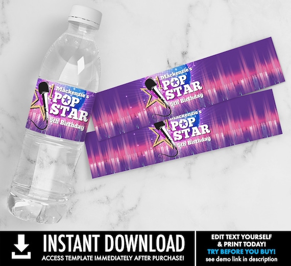 Pop Star Water Bottle Labels, Pop Star Party, Rock Star Party, Drink Labels | Self-Edit with CORJL–INSTANT DOWNLOAD Printable