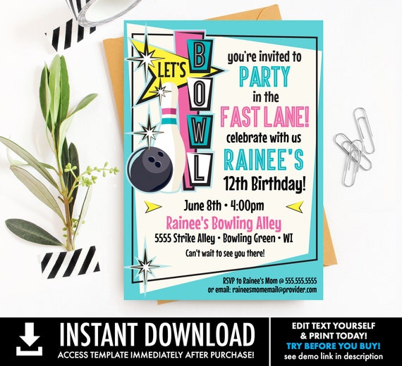 Bowling Invitation - Pink Bowling Party, Bowling Birthday, Retro Bowling Invite | You Personalize using CORJL - INSTANT DOWNLOAD Printable