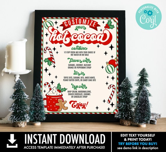 Retro Christmas Hot Chocolate Menu Sign,Retro Movie Night Hot Coco Bar Sign,Chocolate Bomb | Self-Edit with CORJL-INSTANT DOWNLOAD Printable