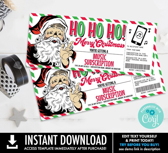 Christmas Music Subscription Gift Certificate, Music Gift Voucher,Retro Santa | Self-Edit with CORJL-INSTANT DOWNLOAD Printable