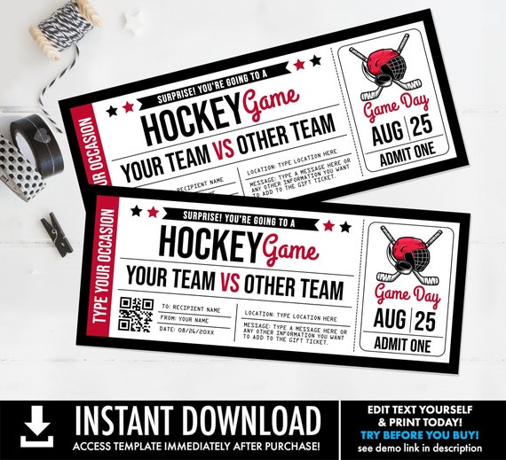 Hockey Ticket Voucher Gift - Surprise Game Ticket, Gift Voucher, Surprise Gift | You Personalize with CORJL - INSTANT DOWNLOAD Printable