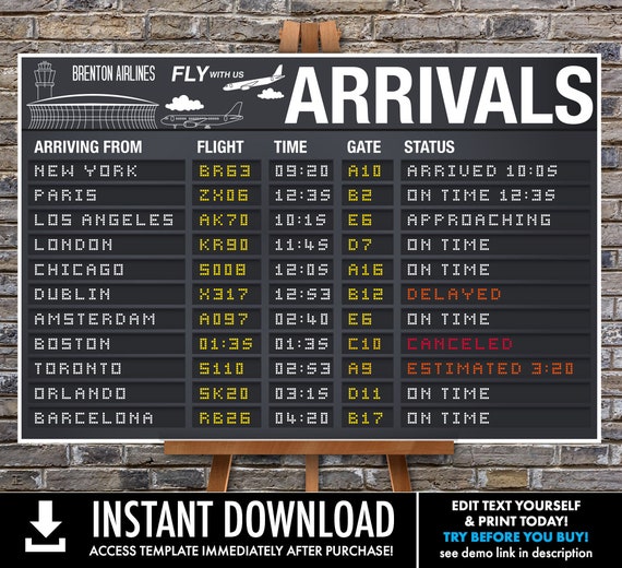 Airplane Party 24"X36" Poster - Arrival Signs, Airport Terminal Sign, Aviator Decor | Self-Edit with CORJL - INSTANT Download Printable Il_570xn