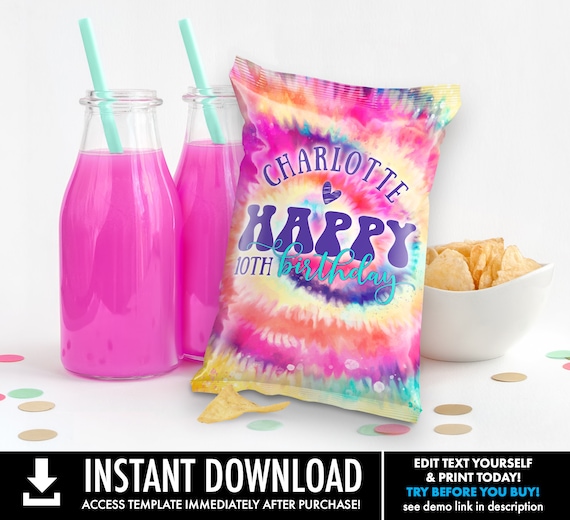 Tie Dye Party Chip Bag Wrap - Favor Bags, Hippie Party, Tie Dye Treat Bag | Self-Edit Text DIY INSTANT Download Printable Il_570xn