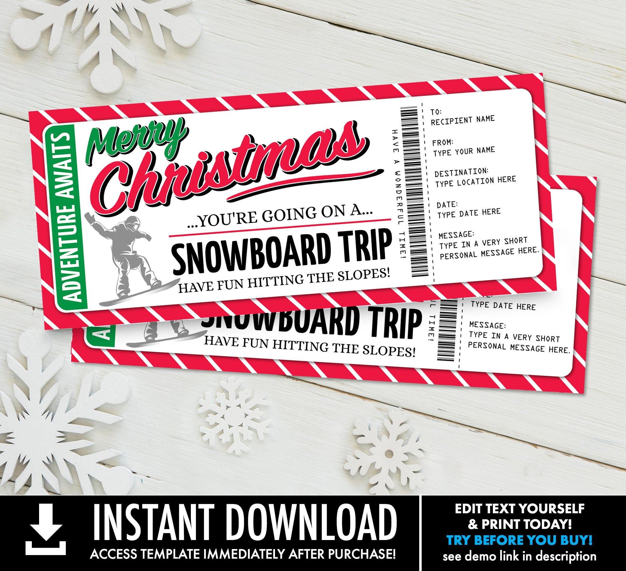 Christmas Snowboarding Trip Ticket Gift Voucher Ski holiday Etsy