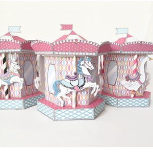 Karuzela Merry Go Round Box - pudełko na babeczki, pudełko na prezent, upominek lub dekoracja na imprezę - Różowe - Natychmiastowe pobranie Zestawu do wydruku w formacie PDF