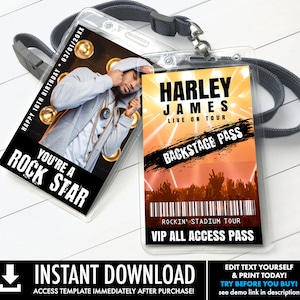 May include: A printable template for a birthday party backstage pass. The pass features a photo of a young man with the text "You're a Rock Star" and "Happy 16th Birthday 03/01/20XX". The other side of the pass features the text "Harley James Live on Tour" and "Backstage Pass".