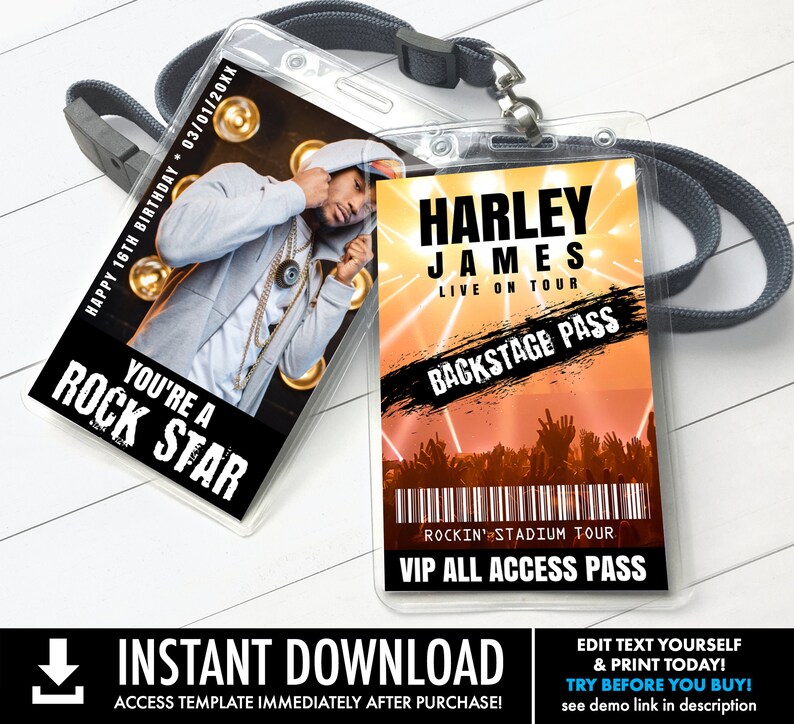 May include: A printable template for a birthday party backstage pass. The pass features a photo of a young man with the text "You're a Rock Star" and "Happy 16th Birthday 03/01/20XX". The other side of the pass features the text "Harley James Live on Tour" and "Backstage Pass".