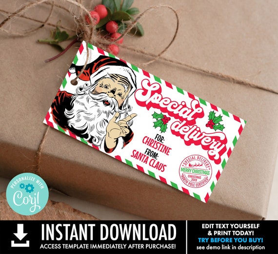 Retro Santa Special Delivery Tag, Gift From Santa,Christmas Gift Tag,Homemade Treat Tag | Personalize using CORJL-INSTANT Download Printable
