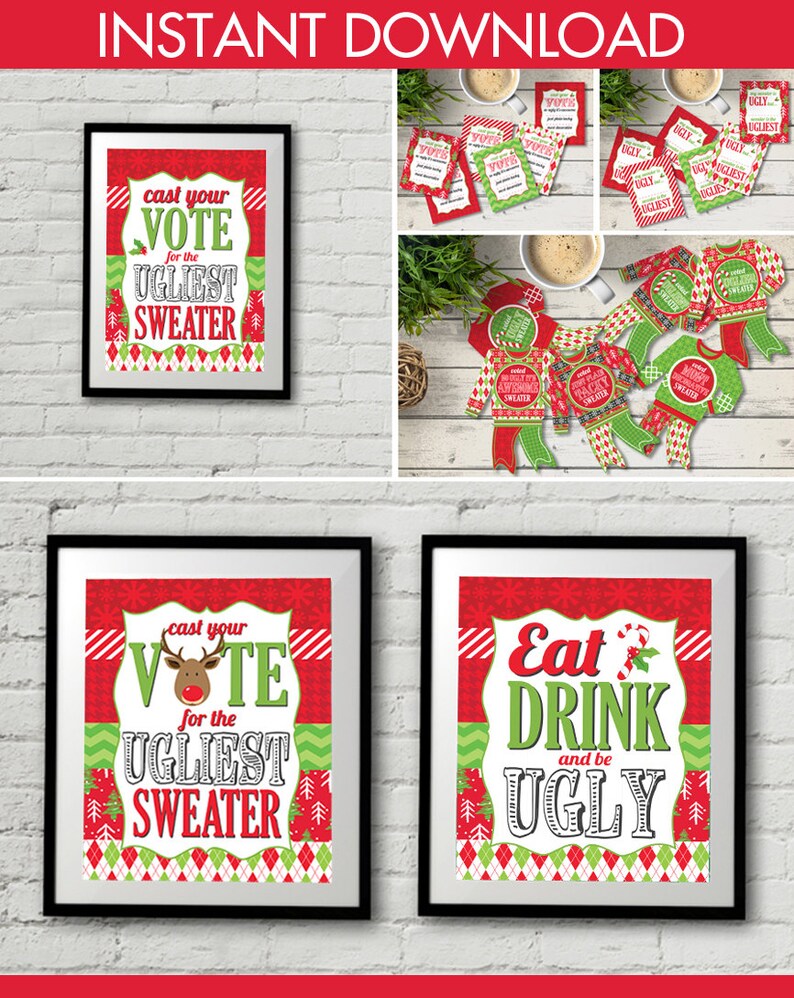 Ugly Sweater Party Voting Ballots Award Ribbons Christmas Office Party, Hostess Gift Instant Download PDF Printable Kit image 2