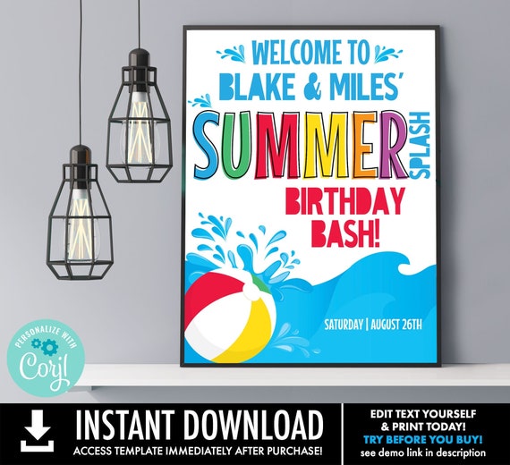 Pool Party Welcome Sign - 36x48 Sign, Summer Party, Beach Party, Personalized Sign | Personalize using CORJL - INSTANT DOWNLOAD Printable