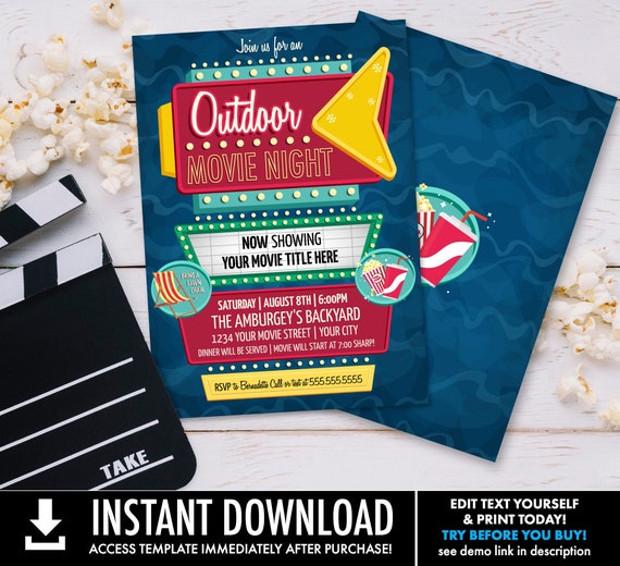 Outdoor Movie Night Invitation - Backyard Movie Night, Drive-In Movie, Retro Movie Night | Self-Edit with CORJL - INSTANT DOWNLOAD Printable Il_570xn