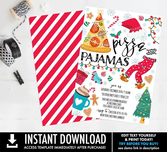 Pizza and Pajamas Christmas Party Invitation, Christmas Pizza & Pajama Invite, Holiday Pizza Party | Edit using Corjl–INSTANT DOWNLOAD