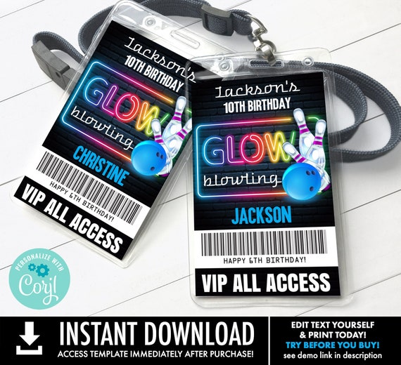 Neon Glow Bowling Party ID Badges - Bowling Bash, Bowling Birthday, VIP Badge | You Personalize using CORJL - Instant Download Printable