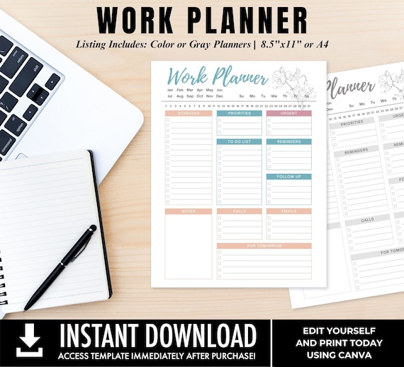 Editable Work Planner, Work Day Organizer, Printable Daily Planner, Work To Do List, Office Note Planner | Edit with CANVA-Instant Download