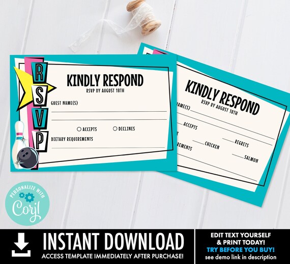 Bowling RSVP Insert Card,Wedding Details,Party Insert,RSVP Response Card | You Personalize using CORJL–Instant Download Printable