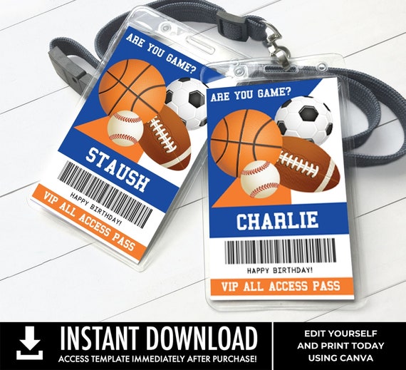 Sports All Star ID Badge, Sports Party, Sports VIP All Access Pass, Party I.D. Badges | Edit using CANVA–Instant Download Printable