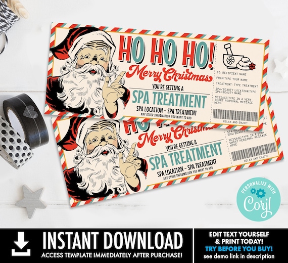 Christmas Spa Treatment Gift Certificate, Spa Day Surprise Gift Voucher,Vintage Santa| Self-Edit with CORJL - INSTANT DOWNLOAD Printable