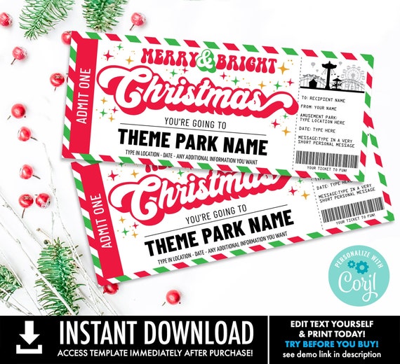 Christmas Theme Park Ticket Gift Certificate, Theme Park Ticket Voucher,Merry & Bright | Self-Edit with CORJL-INSTANT DOWNLOAD Printable