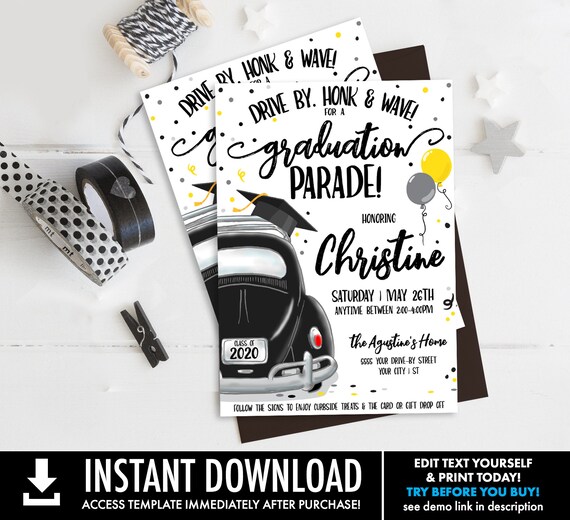 Drive By Graduation Invitation-Drive By Parade,Quarantine,Social Distancing | Self-Edit with CORJL - INSTANT DOWNLOAD Printable Template Il_570xn