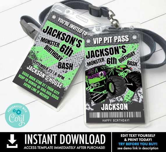 Monster Truck Badge Invite VIP Pass,Monster Truck Birthday,All Access Pit Pass | Personalize using CORJL - INSTANT Download Printable