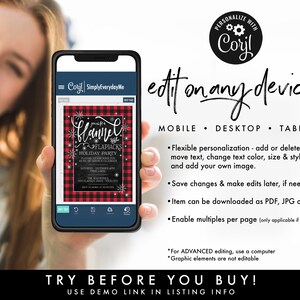 May include: A digital invitation template for a flannel and flapjacks holiday party. The template features a red and black buffalo plaid background with a chalkboard-style overlay. The text on the invitation reads "You're invited to a Flannel & Flapjacks Holiday Party".
