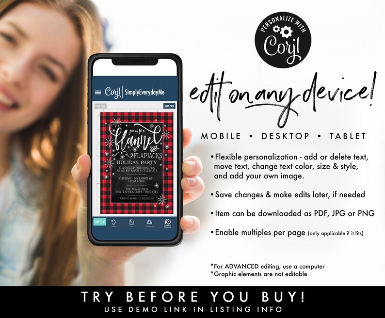 May include: A digital invitation template for a flannel and flapjacks holiday party. The template features a red and black buffalo plaid background with a chalkboard-style overlay. The text on the invitation reads "You're invited to a Flannel & Flapjacks Holiday Party".