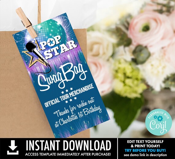 Pop Star Swag Bag Favor Tag - Thank You Tags, Birthday Party Favor Tag | You Personalize using CORJL - INSTANT DOWNLOAD Printable Template