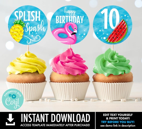 Pool Party Cupcake Toppers - 2" Circle Tag, Pool Blowup, Pool Gift Tag, Summer Party | Self-Edit with CORJL - INSTANT DOWNLOAD Printable