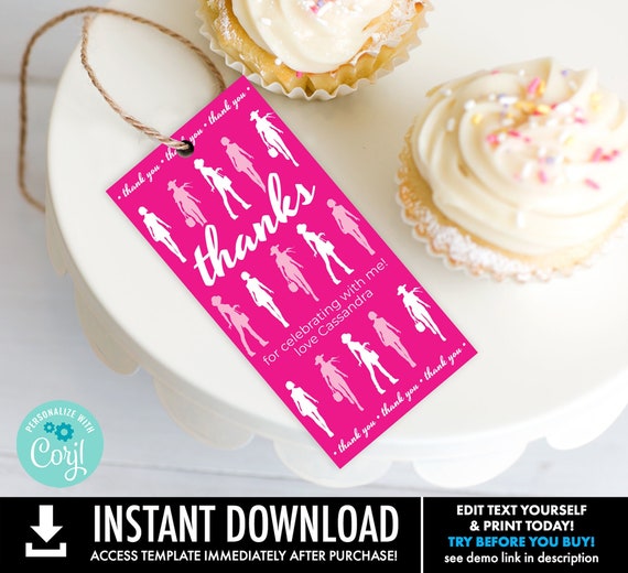 Barb Doll Themed Birthday Hot Pink Favor Tag, 2.5"x5" Barb Doll Thank You Tag | Personalize using CORJL–INSTANT DOWNLOAD Printable