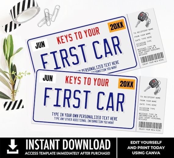 Surprise First Car Gift Voucher,License Plate Voucher,Gift Reveal,Gift Certificate | You Personalize with CANVA - INSTANT DOWNLOAD Printable