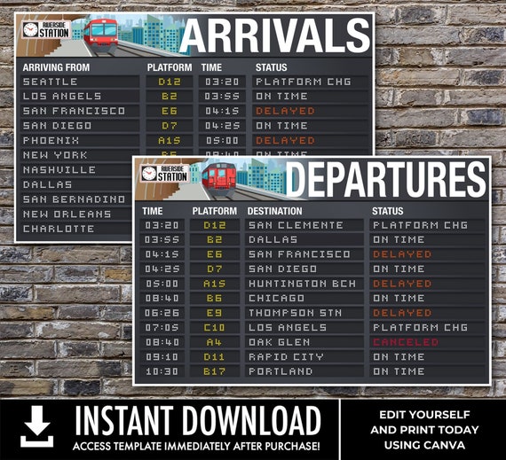 Train Party Arrival & Departure Terminal Signs, Train Terminal Signs, Train Decor, 36x24 Signs | Edit using CANVA Download PDF Printable