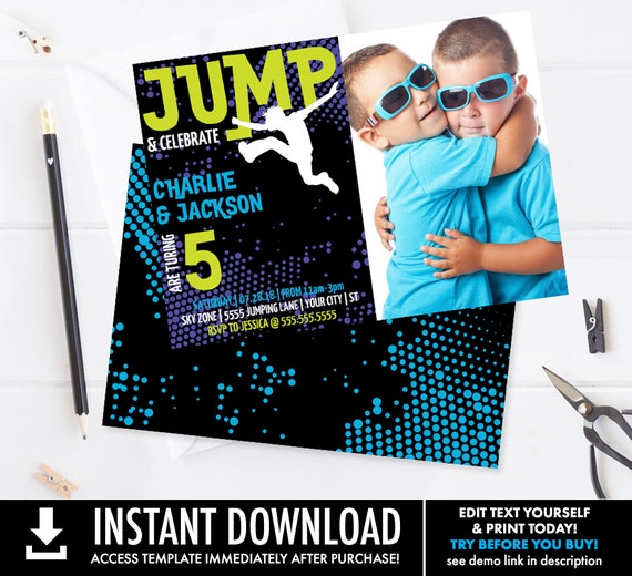 Twin Jump Party Photo Invitation Printable -Trampoline,Jump & Play,Bounce On Over | Self-Edit with CORJL INSTANT Download Printable Template Il_570xn