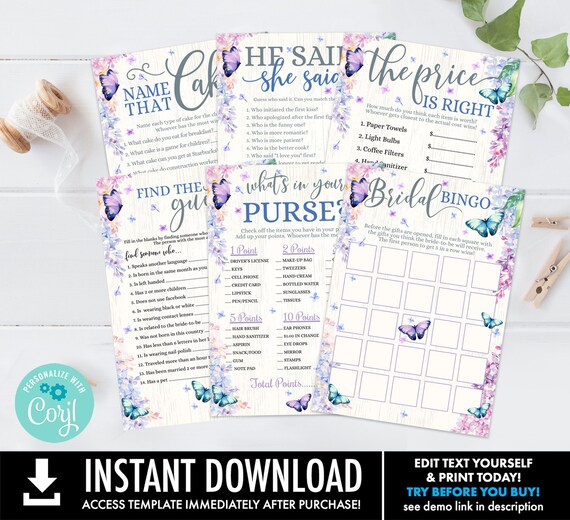 Bridal Shower Game Set,6 Shower Games,Butterfly Bridal Shower Game,Butterfly & Flowers | Personalize using CORJL - INSTANT Instant Printable