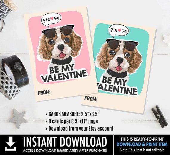 Printable Dog Valentine's Day Cards, Please Be My Valentine, Kids School Classroom, Dog Valentine Gift Tag, Exchange Valentine's Day Cards