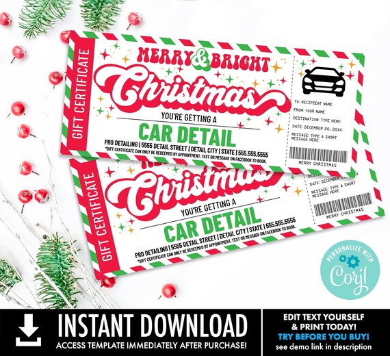 Christmas Car Detail Gift Certificate,Car Detailing Surprise Gift Voucher,Merry & Bright | Personalize with CORJL–INSTANT DOWNLOAD Printable