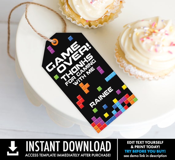 Video Game Party Favor Tag - Thank You Tag, Retro Game Party Tag, Retro Video Game Tag | Self-Edit with CORJL - INSTANT Download Printable Il_570xn