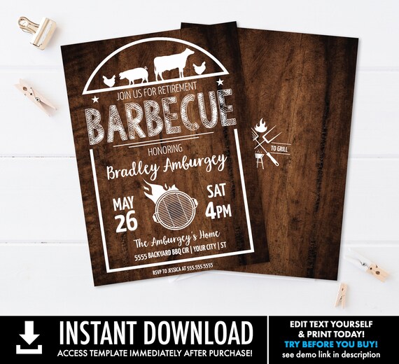 BBQ Retirement Party Invitation - Barbecue Retirement, Retirement BBQ | Self-Edit with CORJL - Instant Download Printable Il_570xn