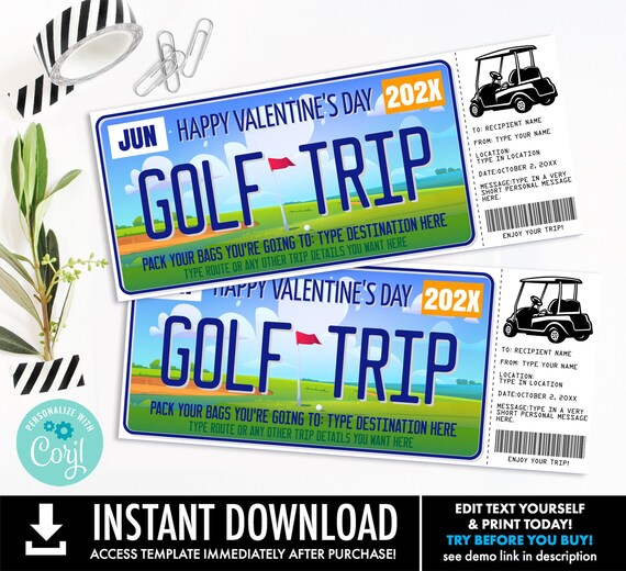 Valentine's Day Golfing Gift Certificate, Golf Trip, License Plate Surprise Gift Voucher | Self-Edit with CORJL-INSTANT DOWNLOAD Printable