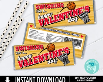 Valentine Basketball Candy Bar Label/Wrap, Swishing You A Happy Valentine's Day | Self-Edit with CORJL - INSTANT DOWNLOAD Printable Template