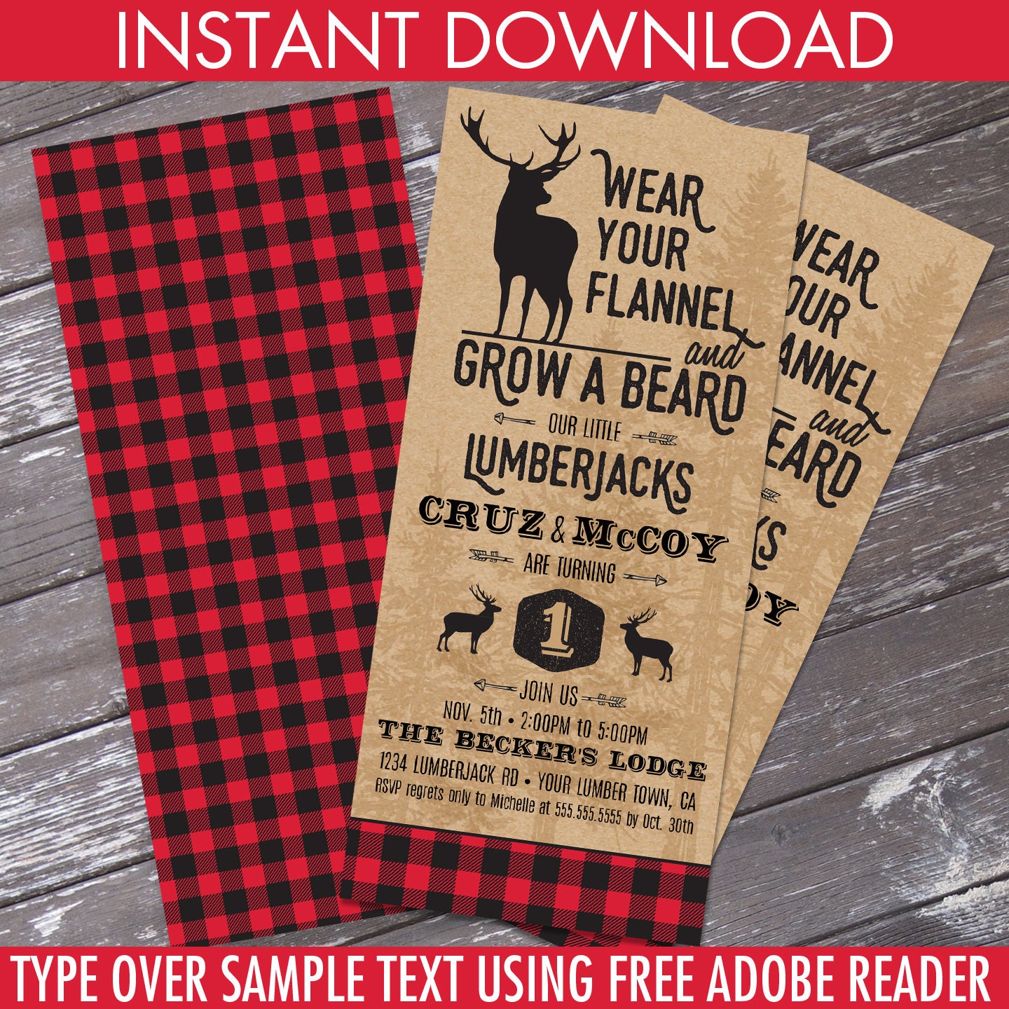 TWINS Lumberjack Invitation Lumberjack Birthday Party Buffalo Plaid 