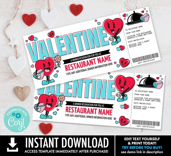 Valentine Dinner Gift Certificate, Restaurant Gift Card, Night Out, Meal Delivery | Personalize using CORJL-INSTANT DOWNLOAD Printable