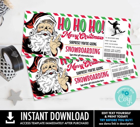 Christmas Snowboard Trip Gift Certificate, Lift Ticket Gift Voucher,Retro Santa, Ho Ho Ho! | Self-Edit with CORJL-INSTANT DOWNLOAD Printable