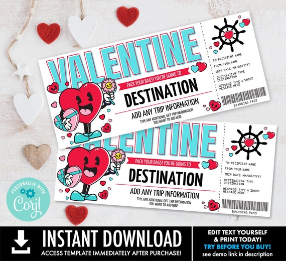 Valentines Day Cruise Ticket, Cruise Boarding Pass Coupon, Surprise Cruise Reveal | Personalize using CORJL-INSTANT DOWNLOAD Printable