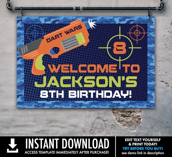 Dart Wars Welcome Party 36"x24" Sign, Dart Battle, Dart Gun, Target Party Sign | Self-Editing with CORJL - INSTANT DOWNLOAD Printable