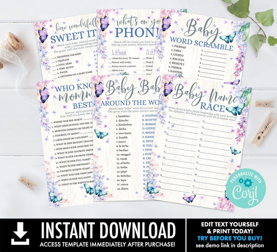 Baby Shower Games Bundle - SIX Butterfly Baby Shower Games Set-#2, Butterfly & Flowers | Self-Edit with CORJL - INSTANT Download Printable