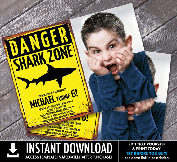 Shark Party Photo Invitation - Shark Birthday Party, Shark Zone, Shark Bite | Self-Edit with CORJL - INSTANT DOWNLOAD Printable Template Il_570xn
