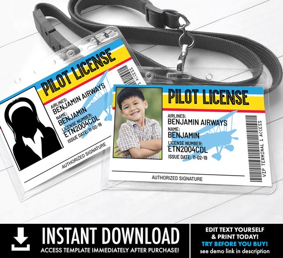 Airplane Pilot License - Airplane Pilot I.D. Badges, Party Favor, Aviator Birthday | Self-Edit with CORJL - INSTANT Download Printable